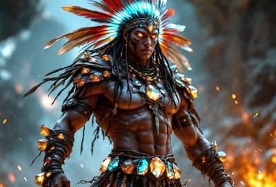 The primary subject of the image is a man wearing a Native American headdress, which includes a feathered headdress and a necklace. The man is standing in front of a rock wall, which serves as the setting for the scene. The visual style of the image is a combination of photo and digital art, creating a unique and intriguing appearance. The dominant colors in the image are red, blue, and yellow, which contribute to the overall mood and atmosphere of the scene.